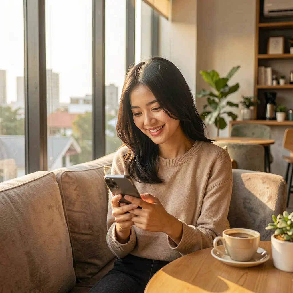 Young Malaysian woman smiling while using the HARIMAU33 casino app on her smartphone in a cozy modern setting