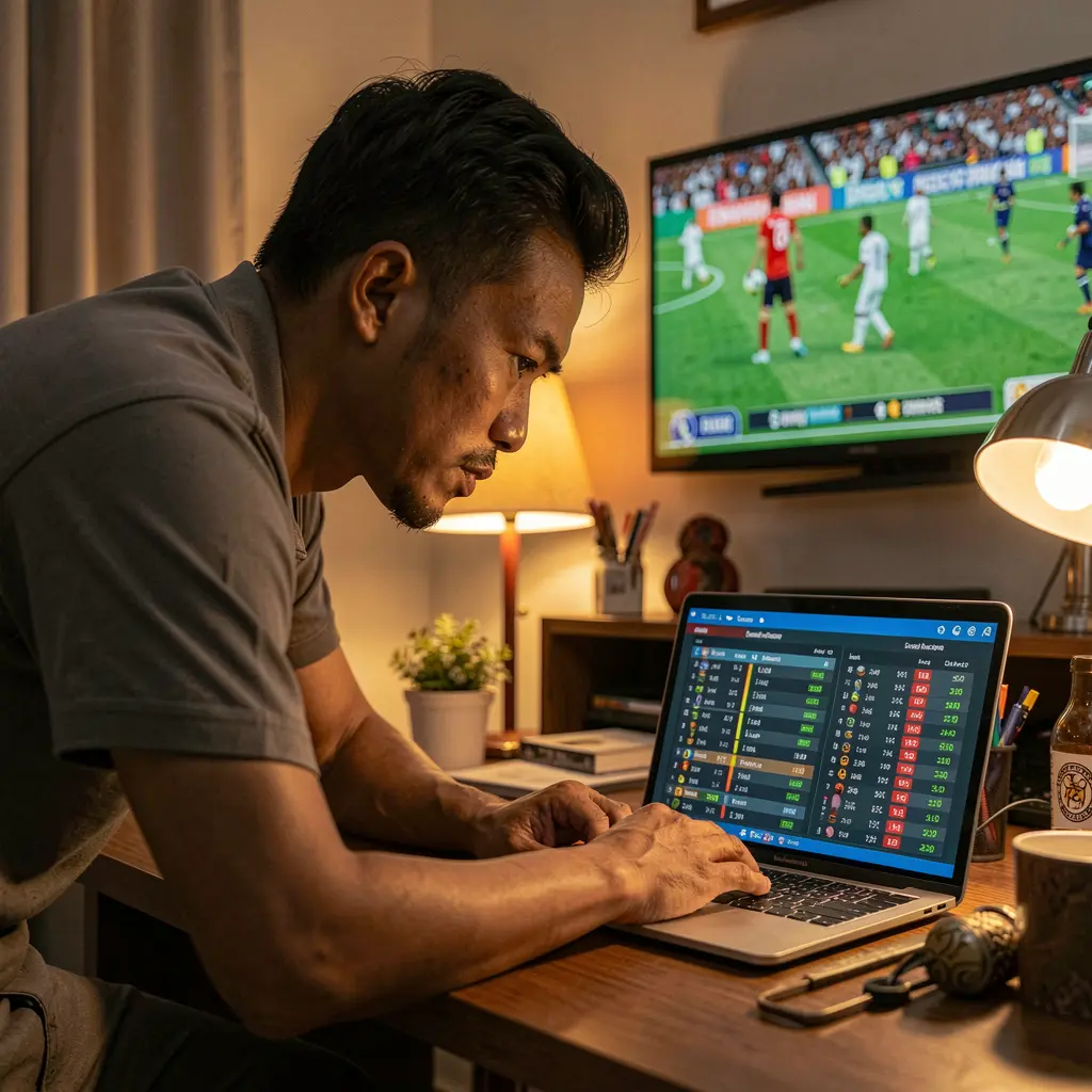 Focused Malaysian sports bettor leaning over a laptop with live football odds while watching match highlights on TV using HARIMAU33