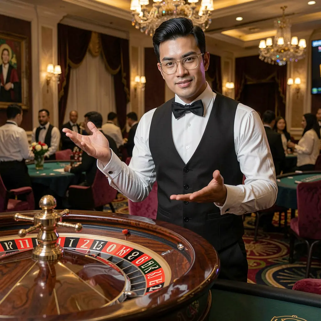 Confident live casino dealer at a roulette table with a welcoming gesture representing the engaging HARIMAU33 online casino experience in Malaysia