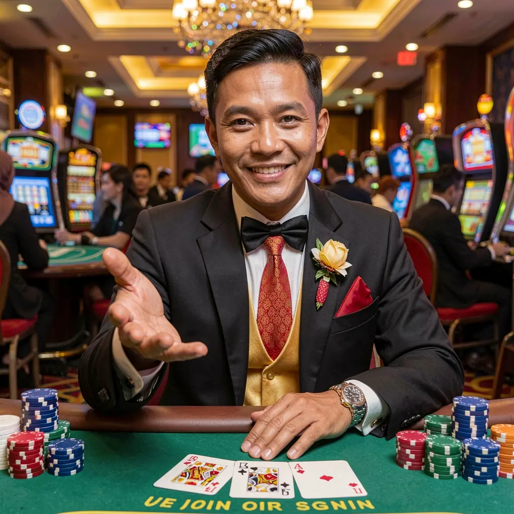 Elegant Malaysian casino dealer inviting players to join the table with cards and chips in a luxurious HARIMAU33 casino setting
