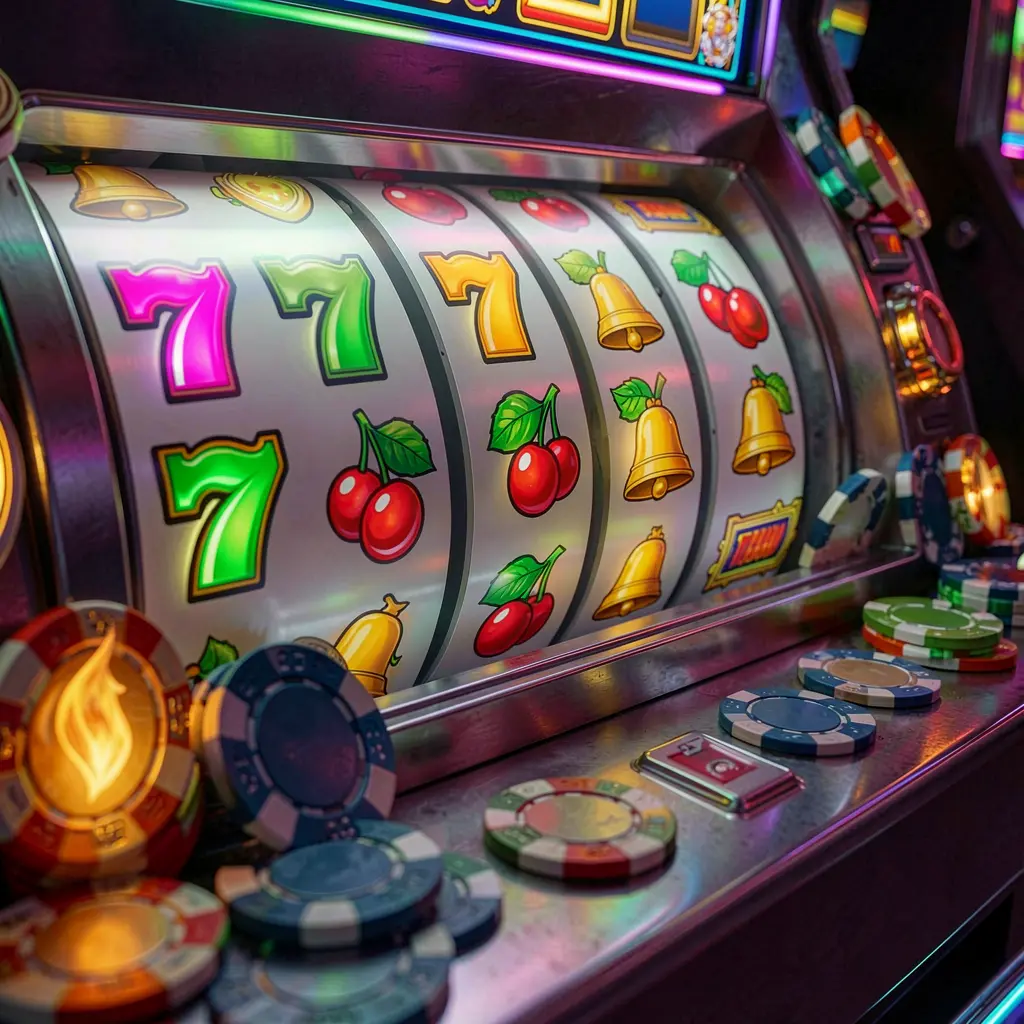 Classic casino slot machine with red sevens and golden bells surrounded by coins representing high energy slot gaming at HARIMAU33 Malaysia